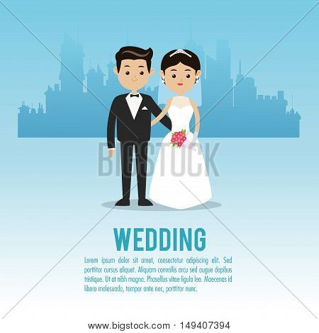 man and woman cartoon couple over city icon. Wedding and marriage theme. Colorful design. Vector illustration