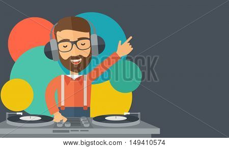 A caucasian disc jockey with headphone mixing music inside the studion room. A contemporary style with pastel palette black tinted and colorful round background.  flat design illustration. Horizontal