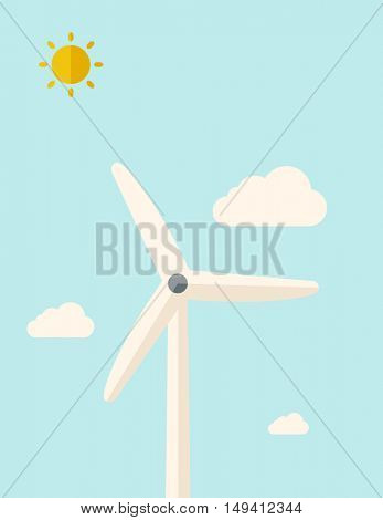 One windmill standing under the heat of the sun. A Contemporary style with pastel palette, soft blue tinted background with desaturated clouds. flat design illustration. Vertical layout.