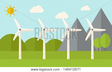 Four windmills standing under the heat of the sun. A Contemporary style with pastel palette, soft blue tinted background with desaturated clouds. flat design illustration. Horizontal layout.