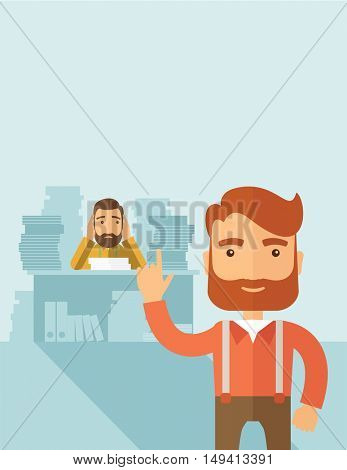 Two employees ,one happy walking ahead finished his task on time and the other is sad siitng and still working with those paper works on his table. Time management concept. A contemporary style with