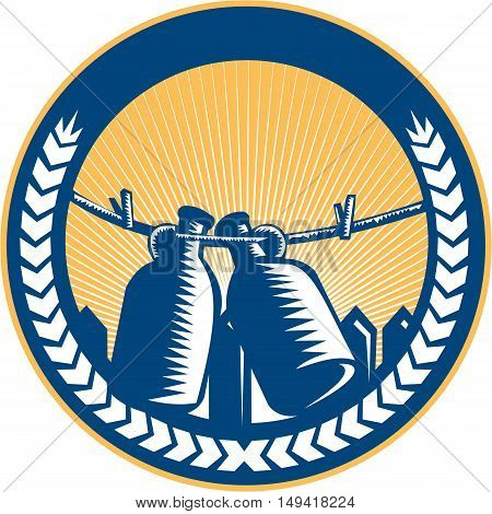 Illustration of a growler a glass ceramic or stainless steel jug used to transport draft beer in the United States hanging on a clothesline set inside circle with picket fence and sunburst in the background done in retro woodcut style.