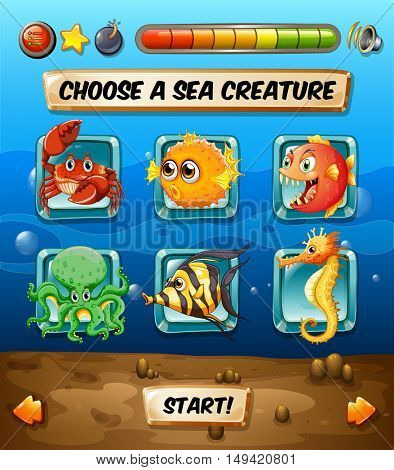 Game template with sea animals  illustration