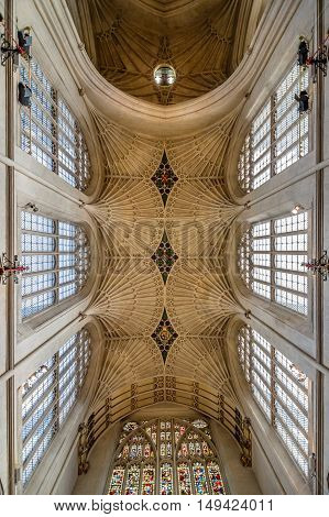 Bath UK - August 15 2015: Vaults of Bath Abbey. Symmetrical low angle view. The abbey is an Anglican parish church and an active place of worship