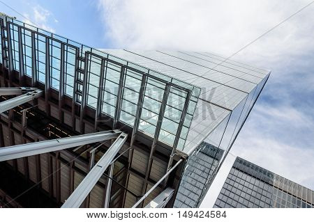 LONDON UK - AUGUST 21 2015: Low angle view of Leadenhall Tower designed by the architect Richard Rogers