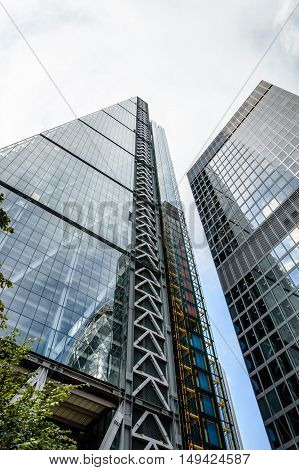 LONDON UK - AUGUST 21 2015: Low angle view of Leadenhall Tower designed by the architect Richard Rogers