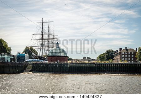 LONDON UK - AUGUST 22 2015: Greenwich London from the river with the old ship Cutty Sark