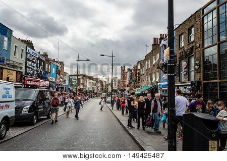 LONDON UK - AUGUST 20 2015: Camden Town Market famous alternative culture shops. Mainly tourist oriented selling souvenirs crafts and fashion products