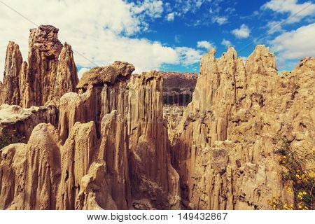 Unique geological formations cliffs shapes, cactus plant Moon Valley park, La Paz mountains, Bolivia.