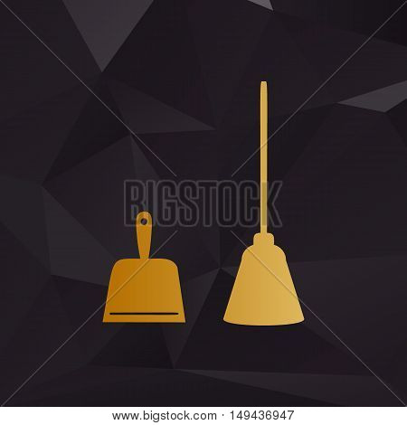 Dustpan Vector Sign. Scoop For Cleaning Garbage Housework Dustpan Equipment. Golden Style On Backgro