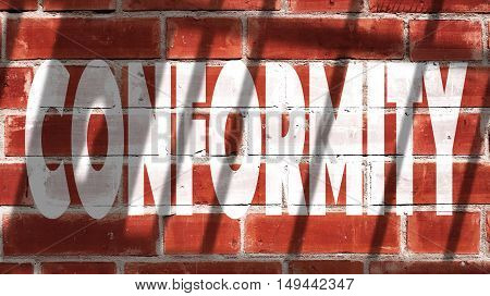 Conformity Written On A Wall With Jail Bars Shadow