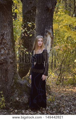 Young Girl In A Fantasy Long Black Dress Posing In An Autumn Forest