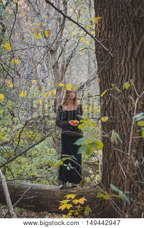 Blond long-haired girl in a fantasy black dress in an autumn forest scary halloween fairy tale