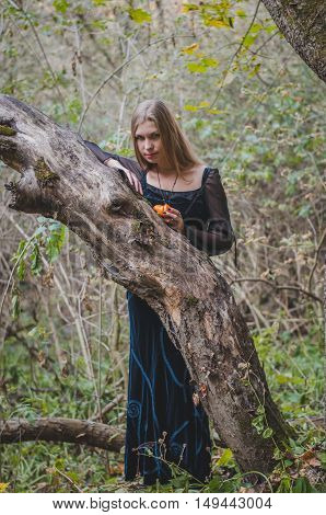 Blond long-haired girl in a fantasy black dress in an autumn forest scary halloween fairy tale