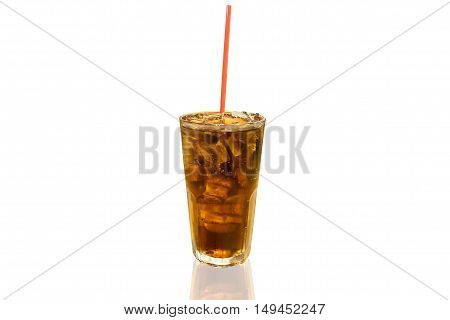 Cola with ice cubes isolated on white background.
