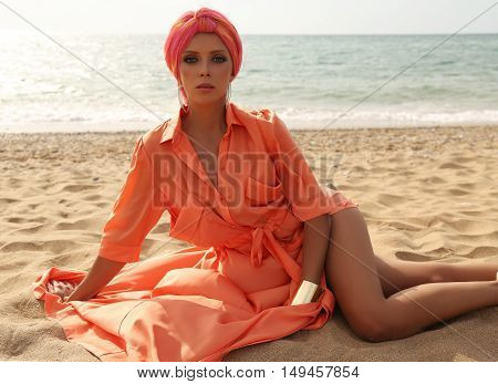 Gorgeous Sexy Woman In Luxurious Outfit, Posing On Summer Beach