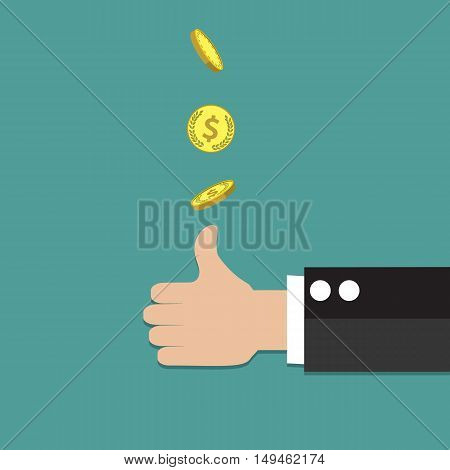 businessman hand throwing up a coin to make decision. vector illustration in flat style