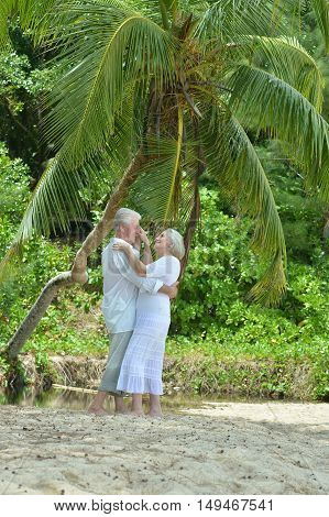 Happy elderly couple rest at tropical beac