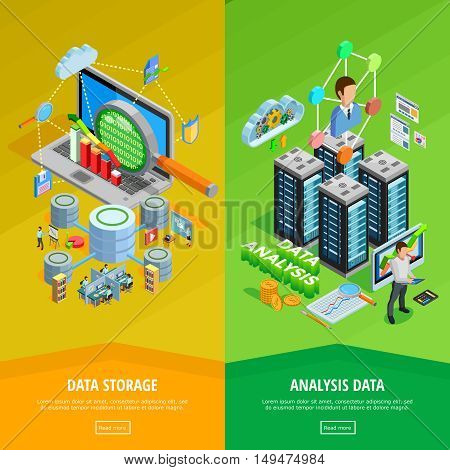Big data storage and analysis technology informatio decisions 2 isometric vertical banners webpage design isolated vector illustration