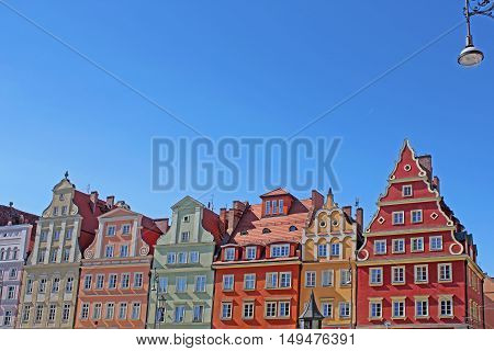 Architecture of Wroclaw Poland Europe. City centre Colorful historical Market square tenements.Lower Silesia Europe.