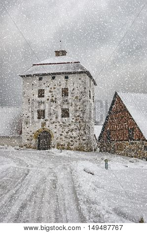 View of a snow covered Hovdala Castle in Hassleholm region. Hovdala Castle is a castle in Hassleholm Municipality Scania in southern Sweden.