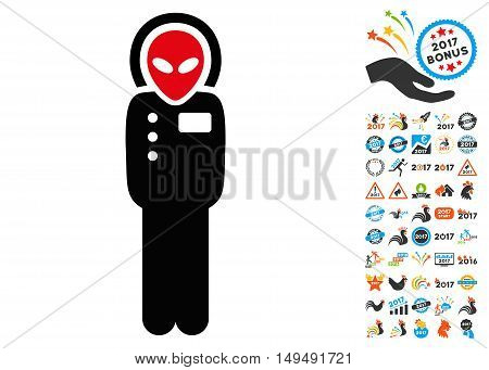 Visitor Skafandr icon with 2017 year bonus vector pictographs. Set style is flat symbols, white background.