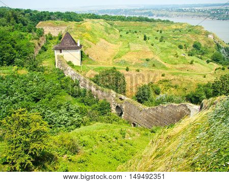 Aerial view on a fortress in a Khotyn town in Ukraine