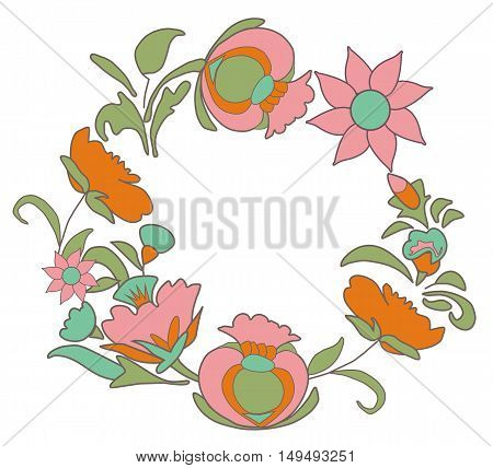 Vintage pink floral background. Flowers folk art style. Fabulous ethnic pattern Round floral frame