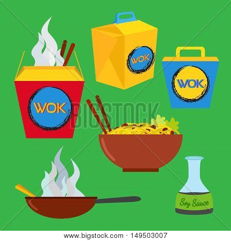 Wok food set. Asian and chinese food. Logo design elements - cafe and restaurant delivery illustrations in trendy flat style.