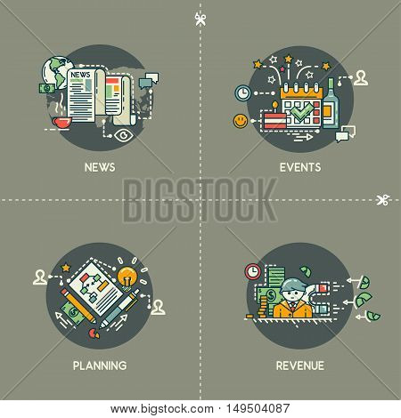 News, events, planning, revenue on gray background