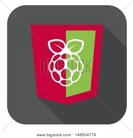 vector illustration of red and green html5 shield with white raspberry shape, isolated web site development icon long shadow on white background