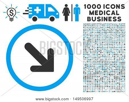 Arrow Right-Down icon with 1000 medical commercial gray and blue glyph pictograms. Set style is flat bicolor symbols white background.