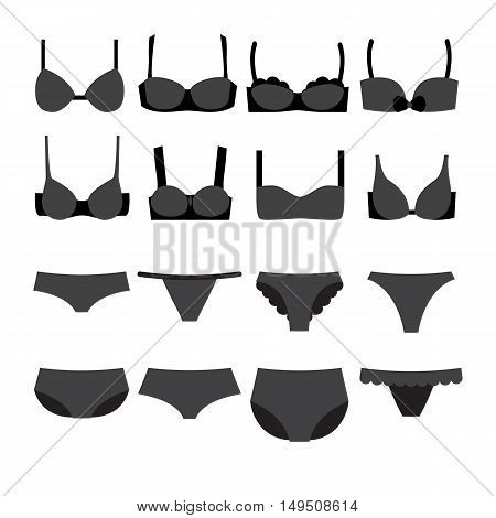 Underwear set icons. Bra different styles and woman panties. Template for shop card or banner. Vector illustration