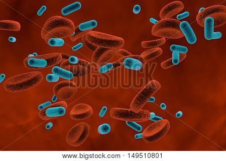 View inside blood vessel in patient with bacteriemia. 3D illustration. Bacteria in blood