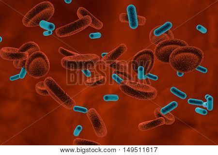 View inside blood vessel in patient with bacteriemia. 3D illustration. Bacteria in blood