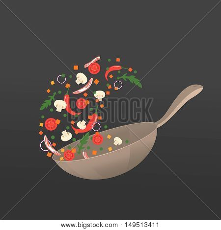 Cooking process vector illustration. Flipping Asian food in a pan. Cartoon style. Flat