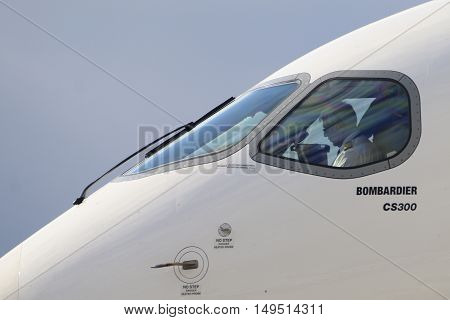 RIGA - SEPTEMBER 27: airBaltic new Bombardier CSeries passenger jet on display at Riga Airport - September 27, 2016 in Riga, Latvia