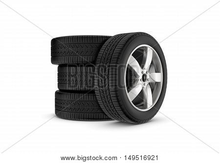 3d rendering black wheels with one in profile isolated on white background. Rubber and caoutchouc. Transport and Transportation.