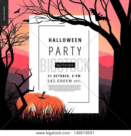 Halloween Party notice illustrated poster. Vector cartoon illustration of a forest landscape with a pumpkin and flying bats, a black tree amd jack-o-lantern on foreground and sunset lighted hills.