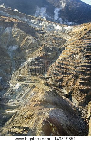 Valley of Geysers and sulfur mining in Japan