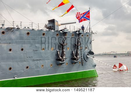 ST. PETERSBURG RUSSIA - JULY 29 2016: The legendary revolutionary cruiser Aurora at the place of eternal parking on the Petrograd embankment