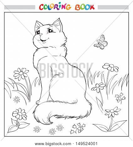 Coloring book or page. Cat sit on grass among flowers and butterfly. Vector illustration.