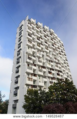 Multi-storey white dwelling house on Masherov avenue in Minsk Belarus