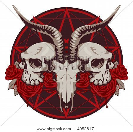 emblem with goat and human skull and roses with a pentagram