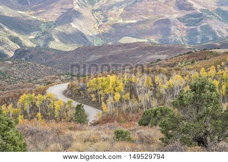 Coffee Pot road above Colorado RIver near Dotsero, Colorado with aspen grove in fall colors