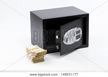 Open Safe Deposit Box Pile of Cash Money Euros. on white background