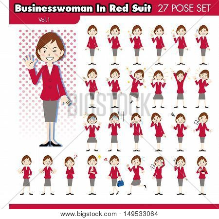 set of various poses of businesswoman in red suit 