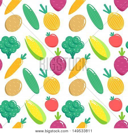 Seamless pattern with vegetables. Flat veggies vector illustration. Beet, poteto and corn design. Print with Broccoli