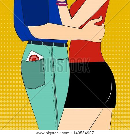 Safe sex Vector illustration Man and woman hugging Contraceptive sticking out of man's pants pocket Safe sex poster Pop art style