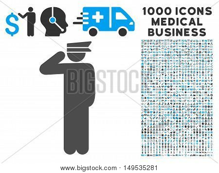 Police Officer icon with 1000 medical business gray and blue glyph pictograms. Design style is flat bicolor symbols, white background.